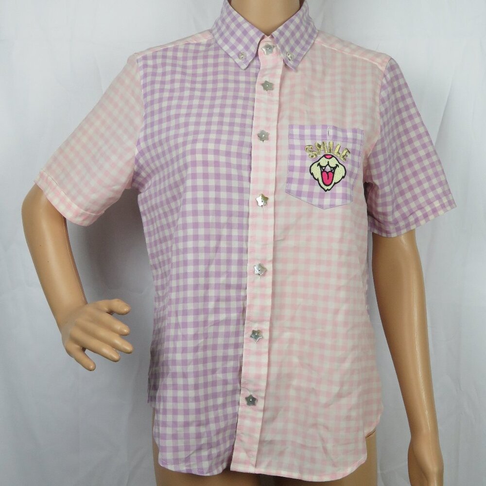Listen Flavor Button Up Shirt Gingham Kawaii Purple Fairy Kei Jfashion Japan